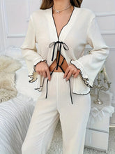Contrast Trim Bow Tie Shirt and Pants Lounge Set OutfitFlow